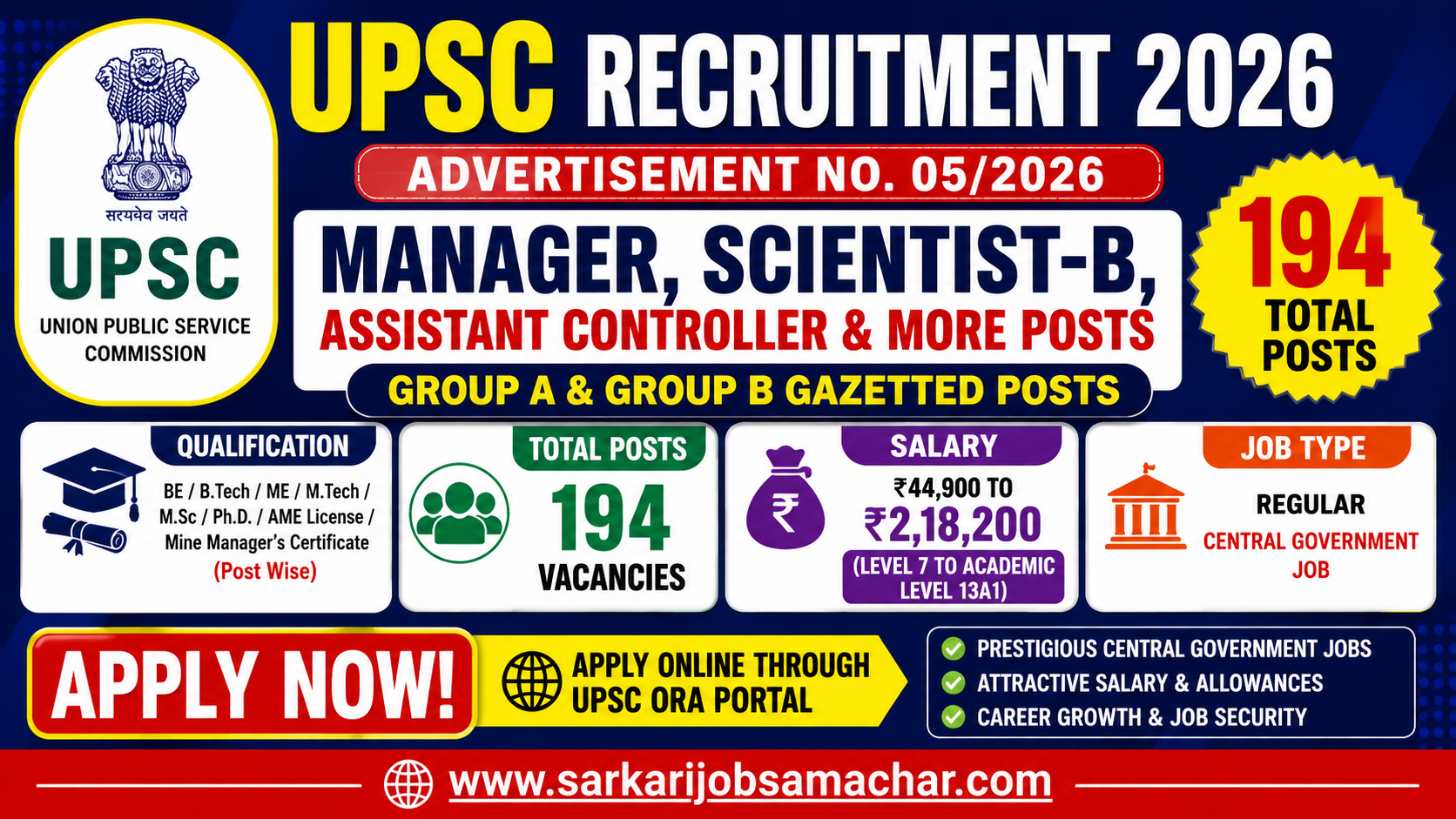 UPSC Manager, Assistant Controller and More Recruitment 2026 - Apply Online for 194 Posts